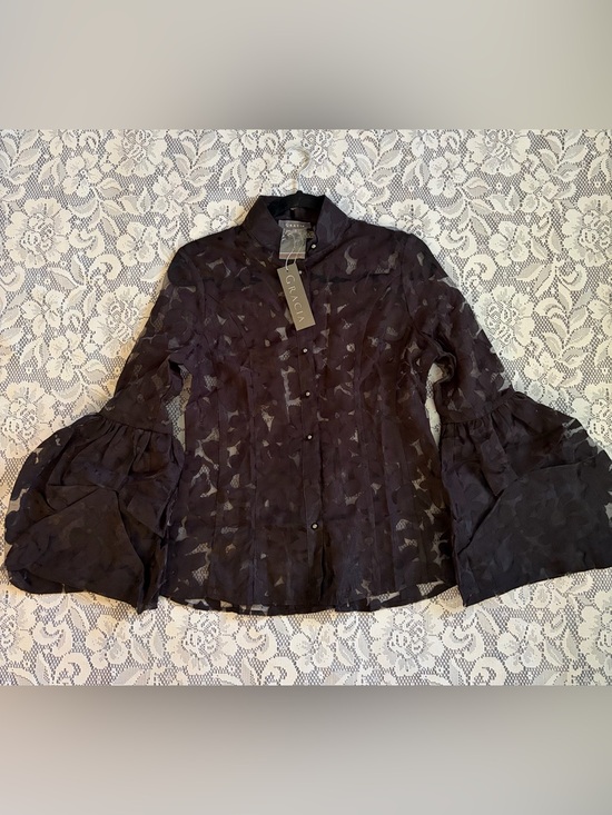 Gracia Tops - Gracia Black Sheer Burnout Blouse with Tiered Dramatic Bell Poet Sleeves